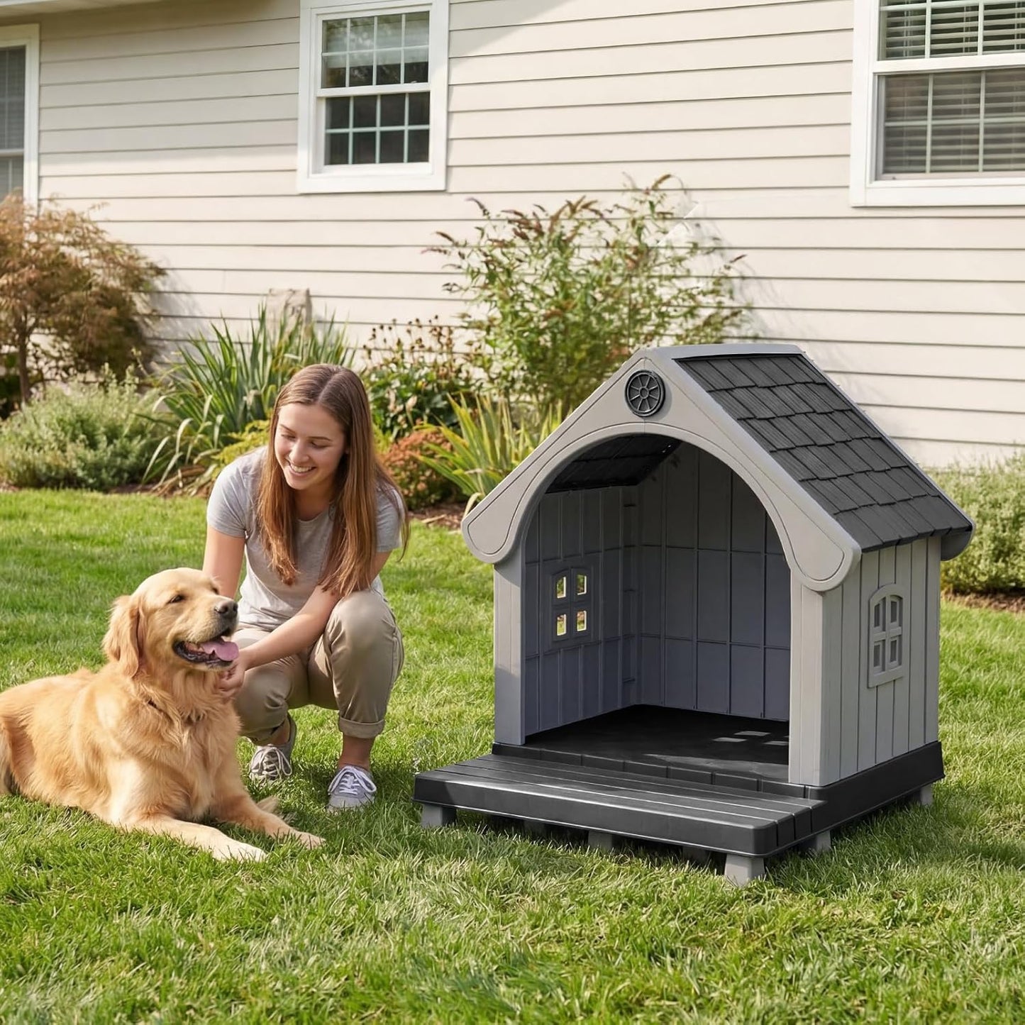 Dog House Outdoor Indoor Waterproof, Plastic Large Dog House with Elevated Floor and Air Vents, Sturdy Puppy Shelter for Large Medium Dog, Easy to Assemble, (Black 38×37×33 Inches)