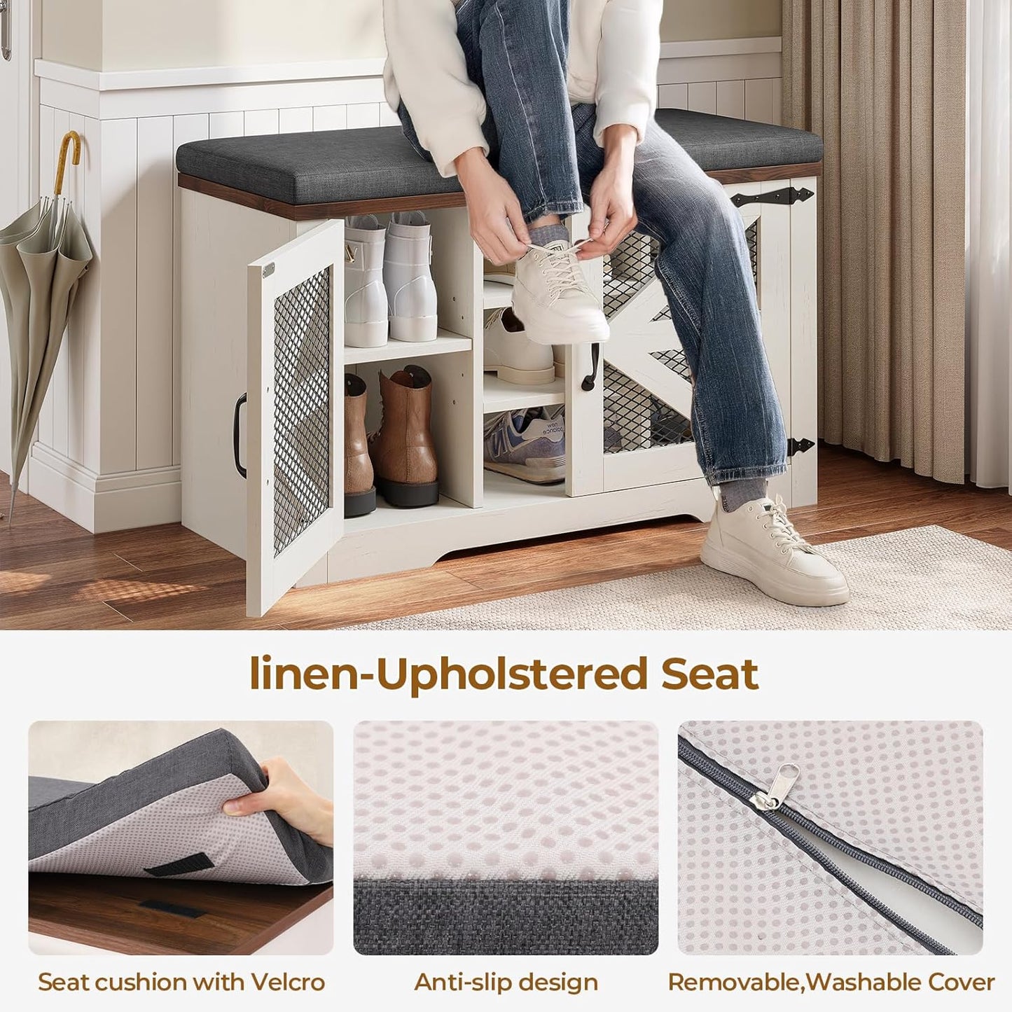 Farmhouse Storage Bench with Cushion, Metal and Wood Shoe Rack Organizer, Adjustable Shelf, Shoe Cabinet with Half Hidden Storage Space, for Entryway, Bedroom, Living Room (Old White, 31.4in)