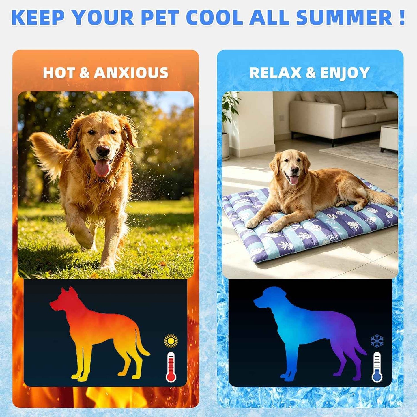 KOOLTAIL Dog Cooling Mat, Extra Thick Large Cooling Dog Bed for Summer Indoor/Outdoor, 48"*28" Reversible Washable Pet Pad with Chill Cool Fiber, Non-Toxic Portable Puppy Cat Blanket for Kennel, Blue