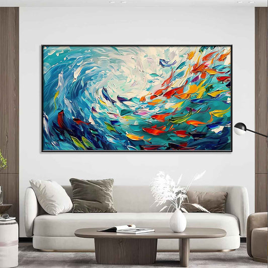 School of Fish Wall Art, Abstract School of Fish Canvas Wall Art, Abstract Wall Art, Colorful Shoal of Fishes Panting Print, Framed Artwork Wall Art, Abstract Wall Decor, Home Decor (Black Framed, 30"x17"|76x43cm)