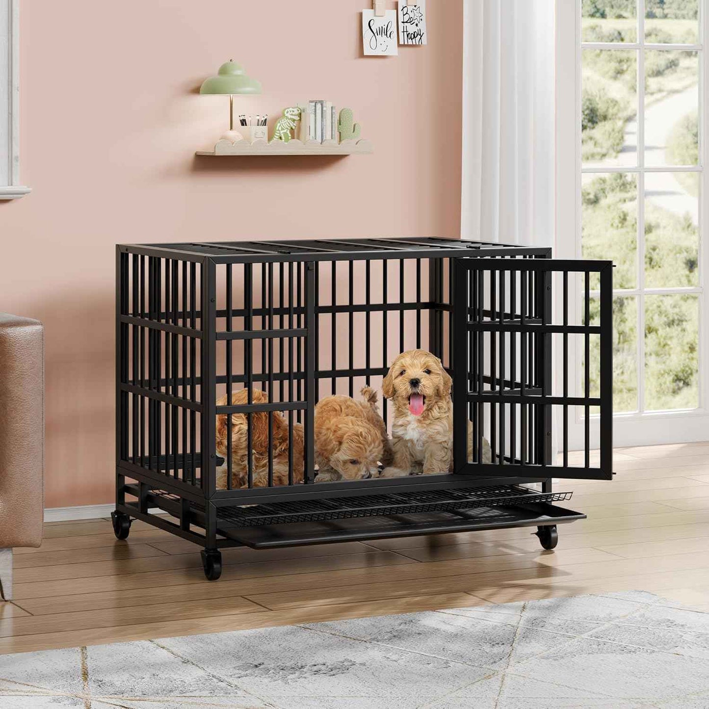 Vongrasig 38 Inch Heavy Duty Indestructible Dog Crate, Escape Proof Dog Cage Kennel with Lockable Wheels,High Anxiety Double Door Dog Cage,Extra Large XL XXL Crate Indoor for Large Dogs
