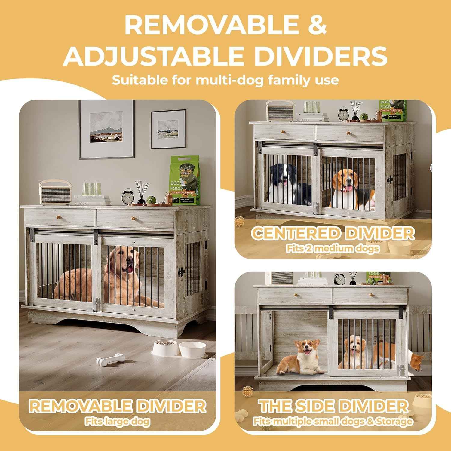 Dog Crate Furniture for 2 Dogs, 47" Double Dog Kennel with Removable Divider and 2 Drawers, Decorative TV Stand Side Table, Indoor Pet Cage for Large/Medium/Small Dogs New Grey