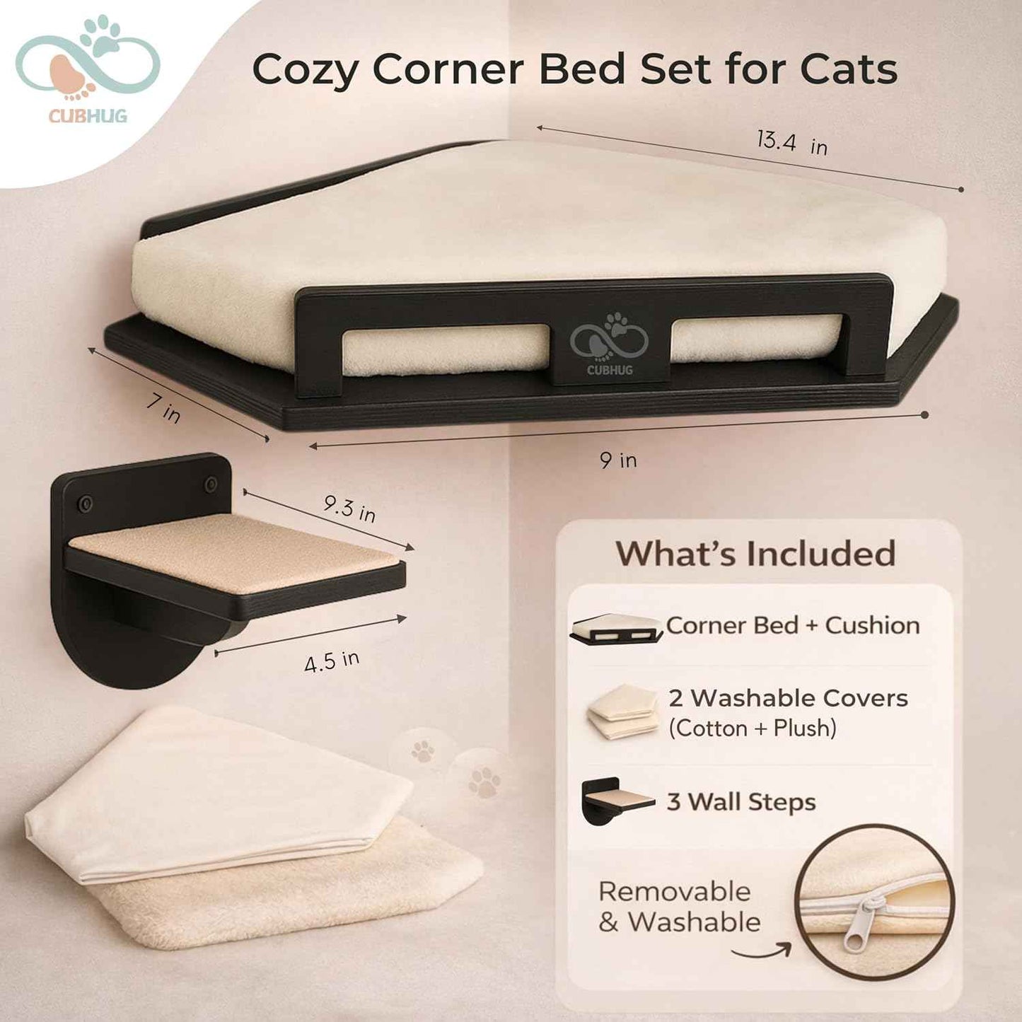 Cat Wall Shelves for Cats & Kitten up to 25 lb – Solid Wood Cozy Corner Bed + Cushion with 2 Washable Covers + 3 Wooden Steps, Safe Haven for Indoor Cats, Cat Shelves for Wall, Black