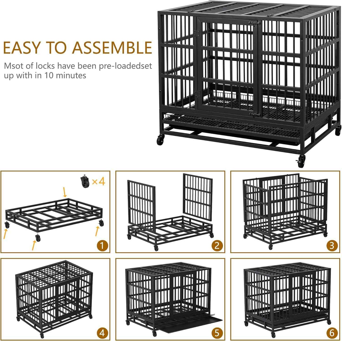 JY QAQA 38 Inch Heavy Duty Indestructible Dog Crate Double Doors Escape Proof Cage Kennel,Enhanced Metal Pet Cage,Extra Large XL XXL Crate Indoor for Large Dog with Removable Tray and Lockable Wheels