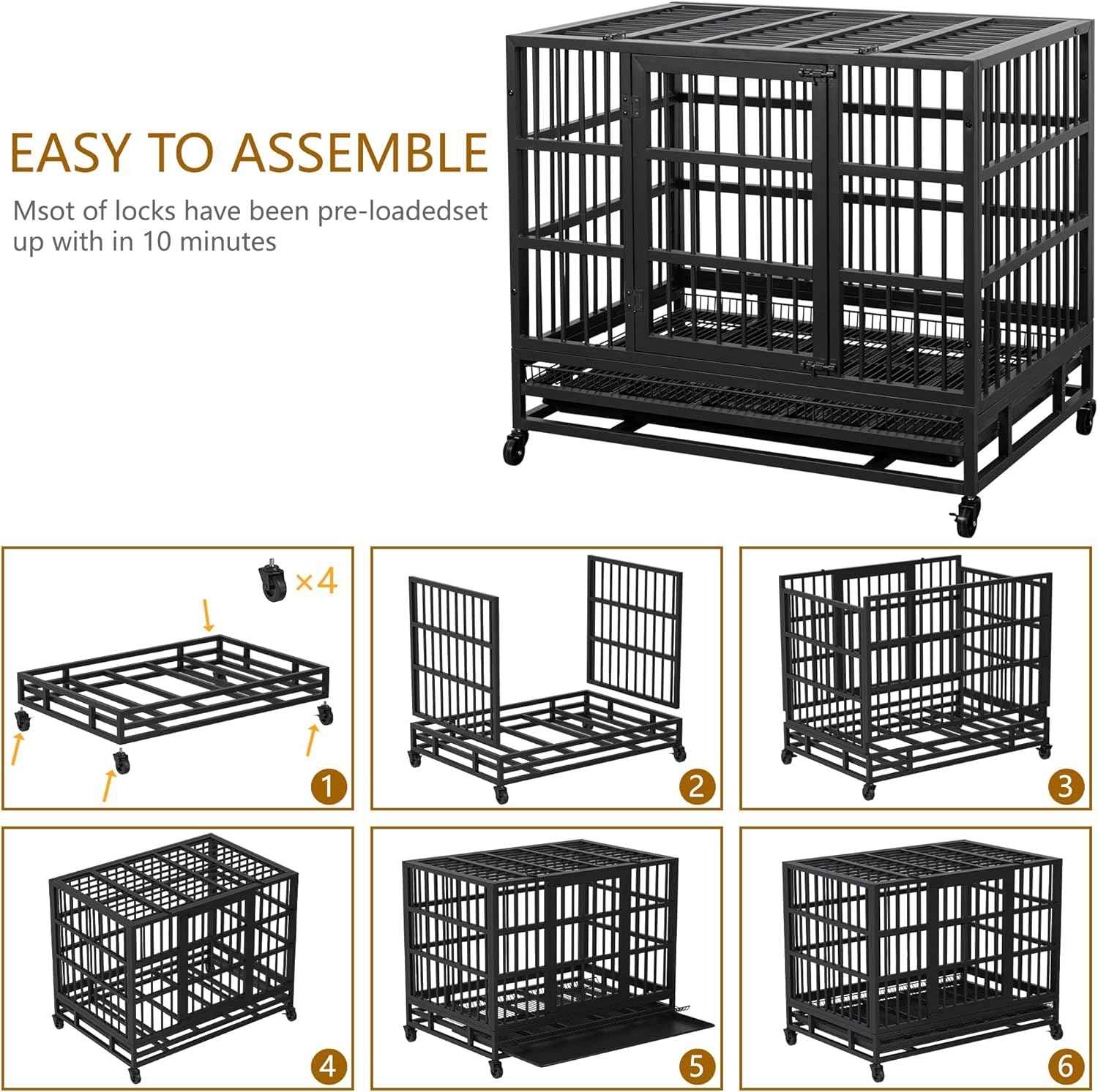 JY QAQA 38 Inch Heavy Duty Indestructible Dog Crate Double Doors Escape Proof Cage Kennel,Enhanced Metal Pet Cage,Extra Large XL XXL Crate Indoor for Large Dog with Removable Tray and Lockable Wheels