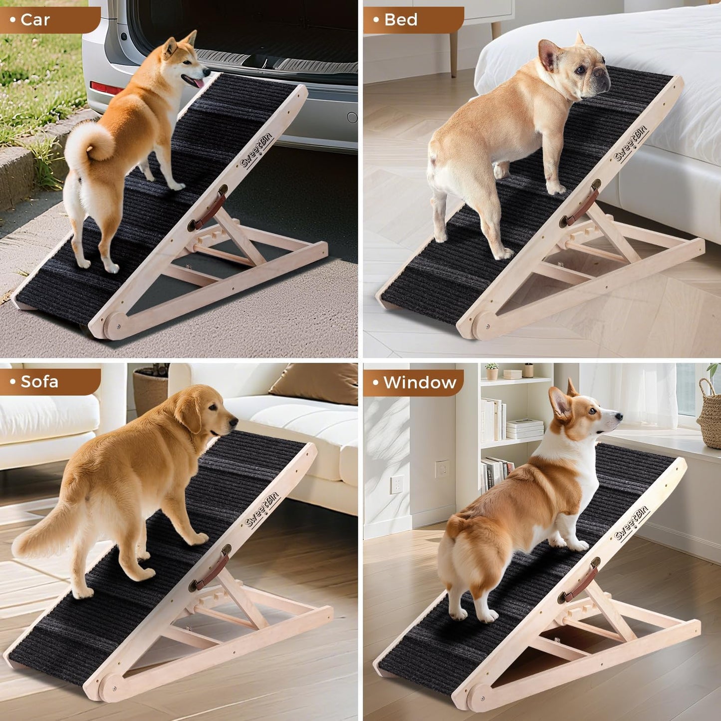 Dog Ramp for Bed - Foldable Small to Large Dog Ramp for Couch - 6 Adjustable Height from 12" to 24" - Stairs with High Traction Mat - Wooden Portable Ramp for Dogs to Get on Bed Couch Car Up to 200LBS