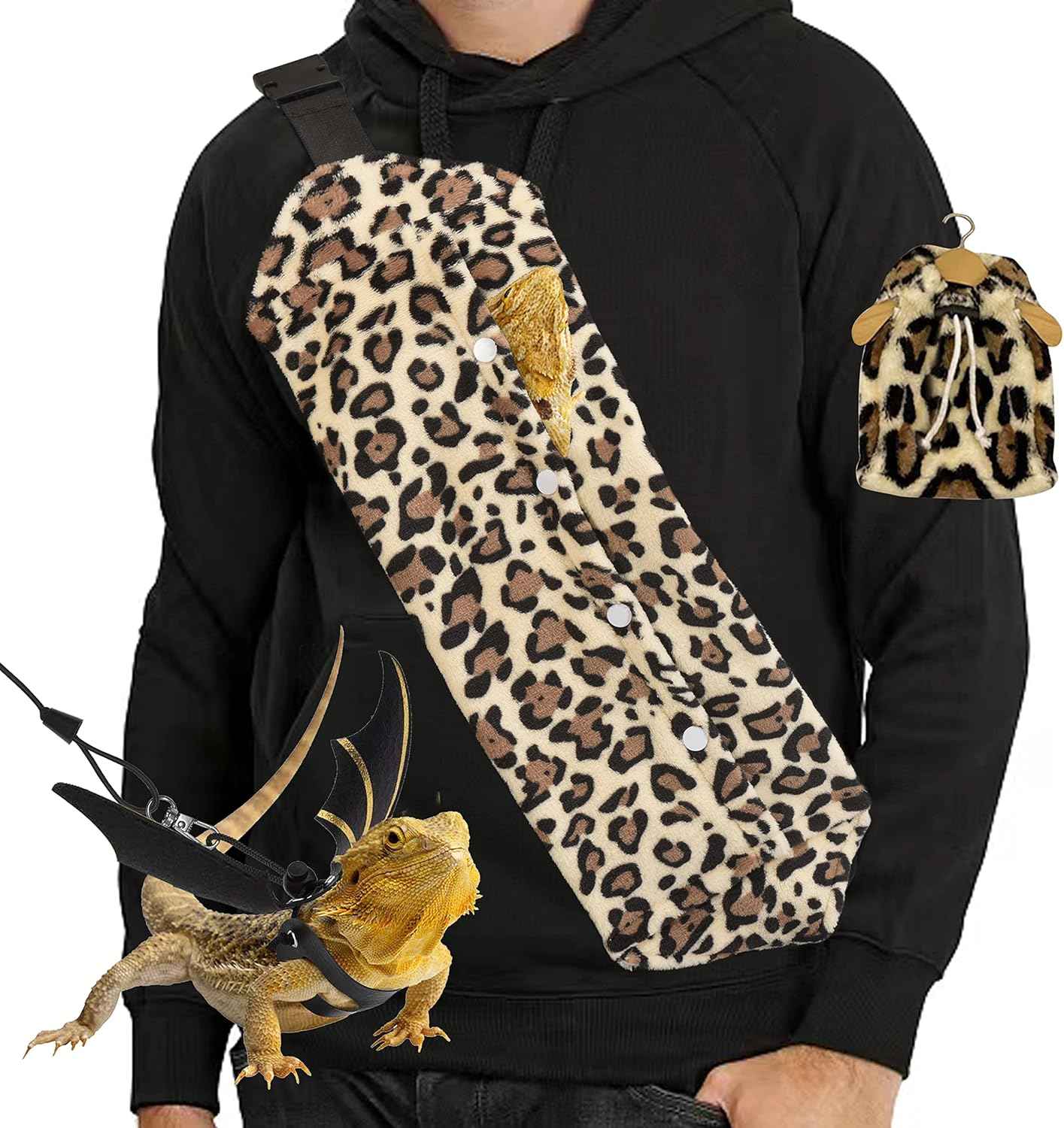 Bearded Dragon Leash and Harness Set, Beardie Carrier, Lizard Adjustable Harness with Leather Wings and Sling Bag, Reptile Small Pet Backpack Batwing Accessories (Leopard Pattern)