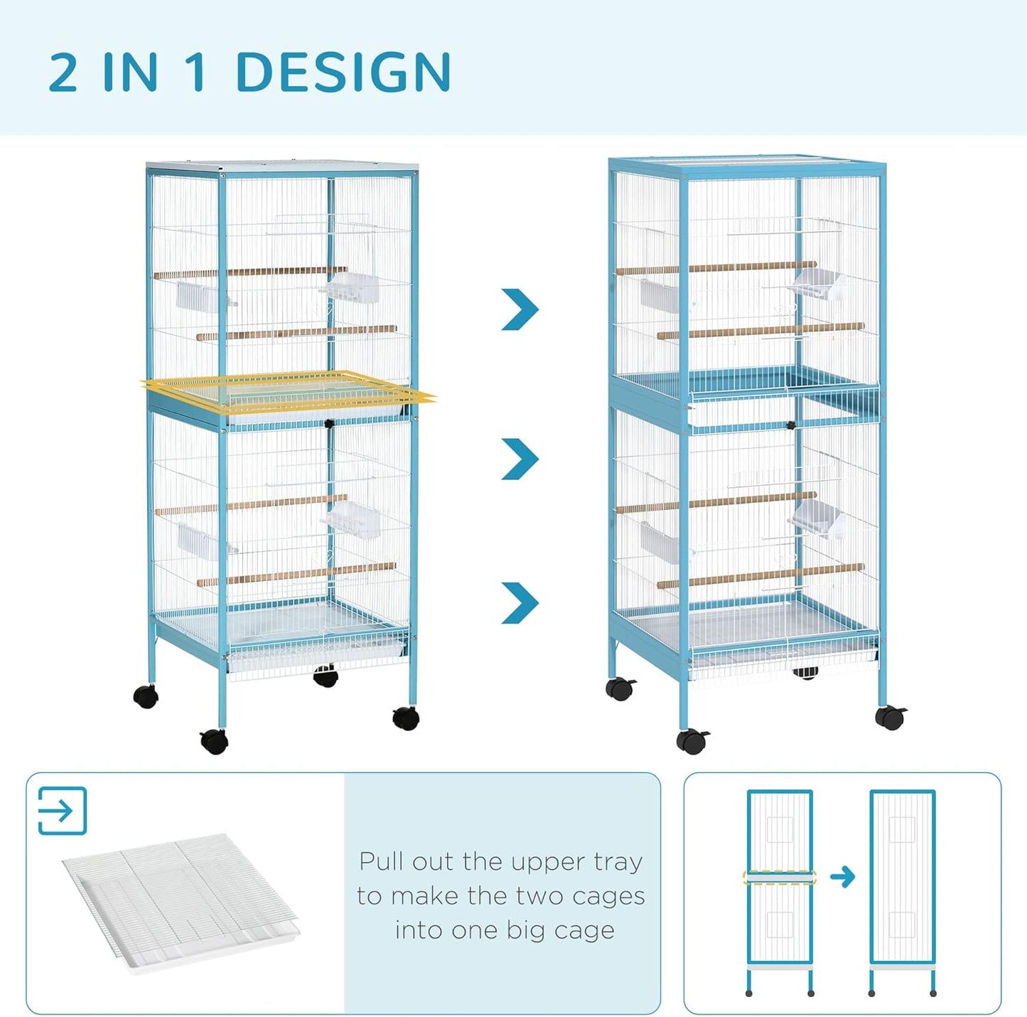 PawHut Large Bird Cage with 1.7 ft. Width for Wingspan, Bird Aviary Indoor with Multi-Door Design, Fit for a Canary, Finch, Conure, 55", Light Blue