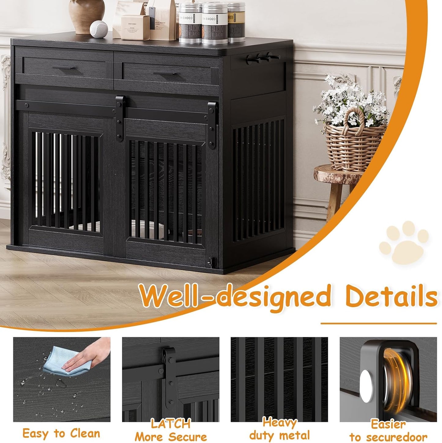 44.5" Large Dog Crate Furniture with 2 Storage Drawers,Heavy Duty Wooden Pet Kennel with Sliding Barn Door & Hook,Dog Kennel End Table TV Stand,Farmhouse Style Dog Crates for Medium/Large Dogs,Black