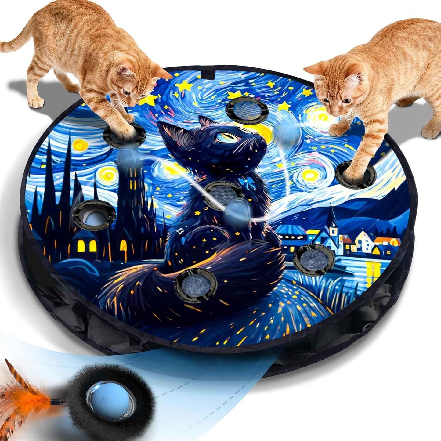 Interactive Cat Toy with Motion Activated Ball & 7-Hole Play Mat, Hide and Seek Exercise Game for Indoor Cats, Automatic Moving Cat Ball in Pouch, Rechargeable Kitten Toys (Starry Night)