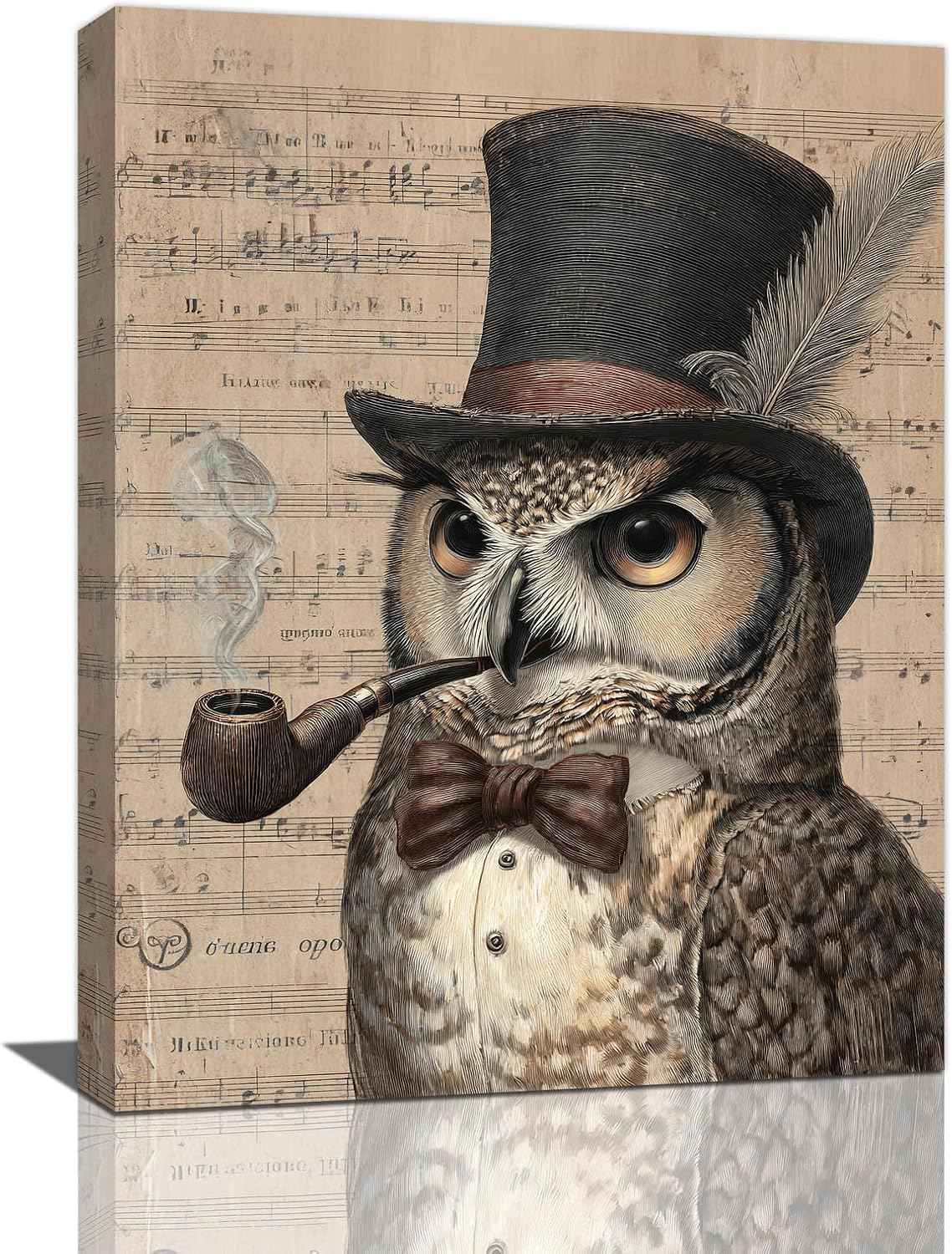 Owl Pictures Wall Art, Steampunk Owl Canvas Wall Decor, Rustic Framed Painting, Natural Landscape Artwork for Bathroom Living Room Bedroom 16L'' × 12W''