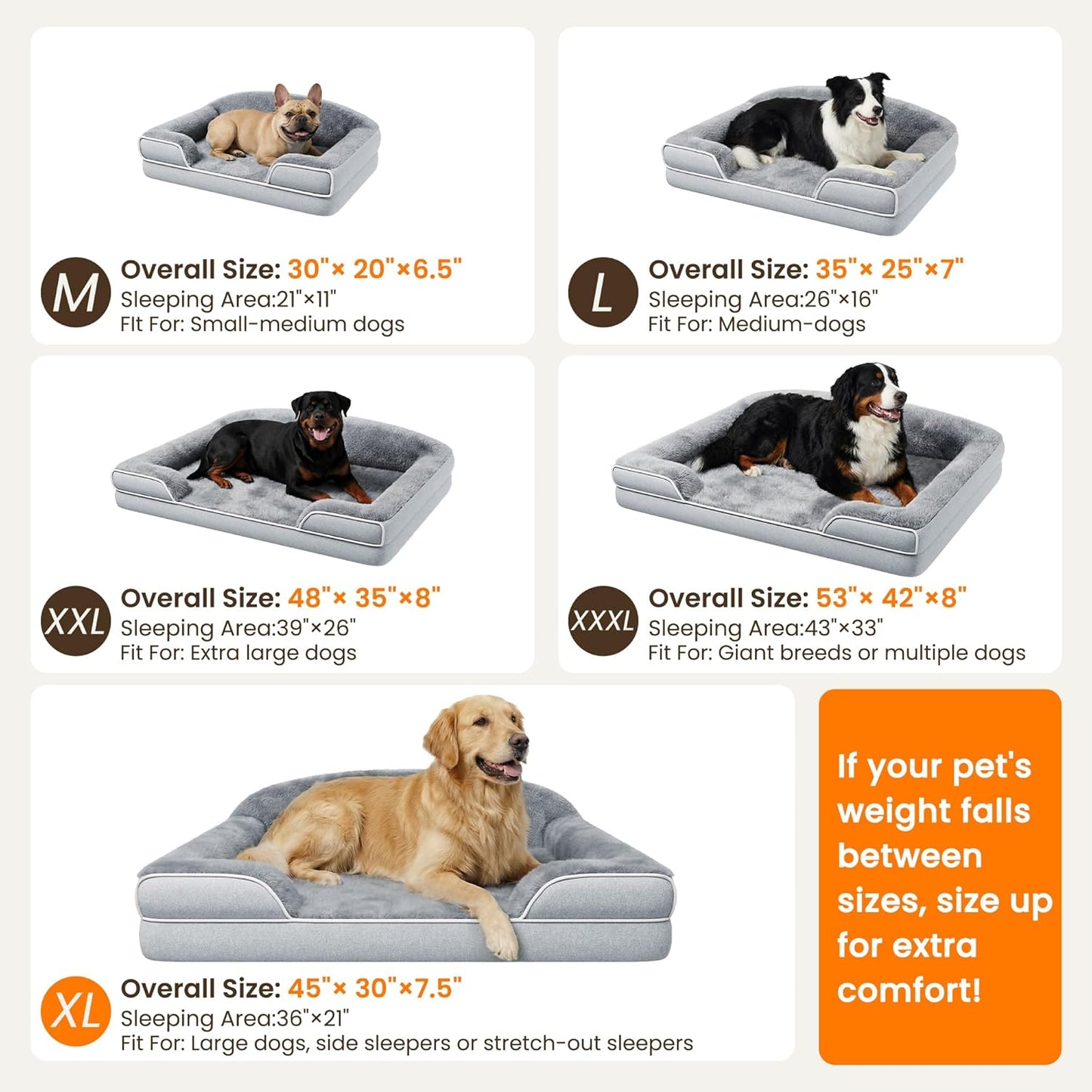 Orthopedic Dog Bed for Extra Large Dogs, 45 x 30 Inch Waterproof Egg Crate Foam XL Dog Couch Bed with Sides, Washable Removable Cover, Non Slip Bottom, Light Grey