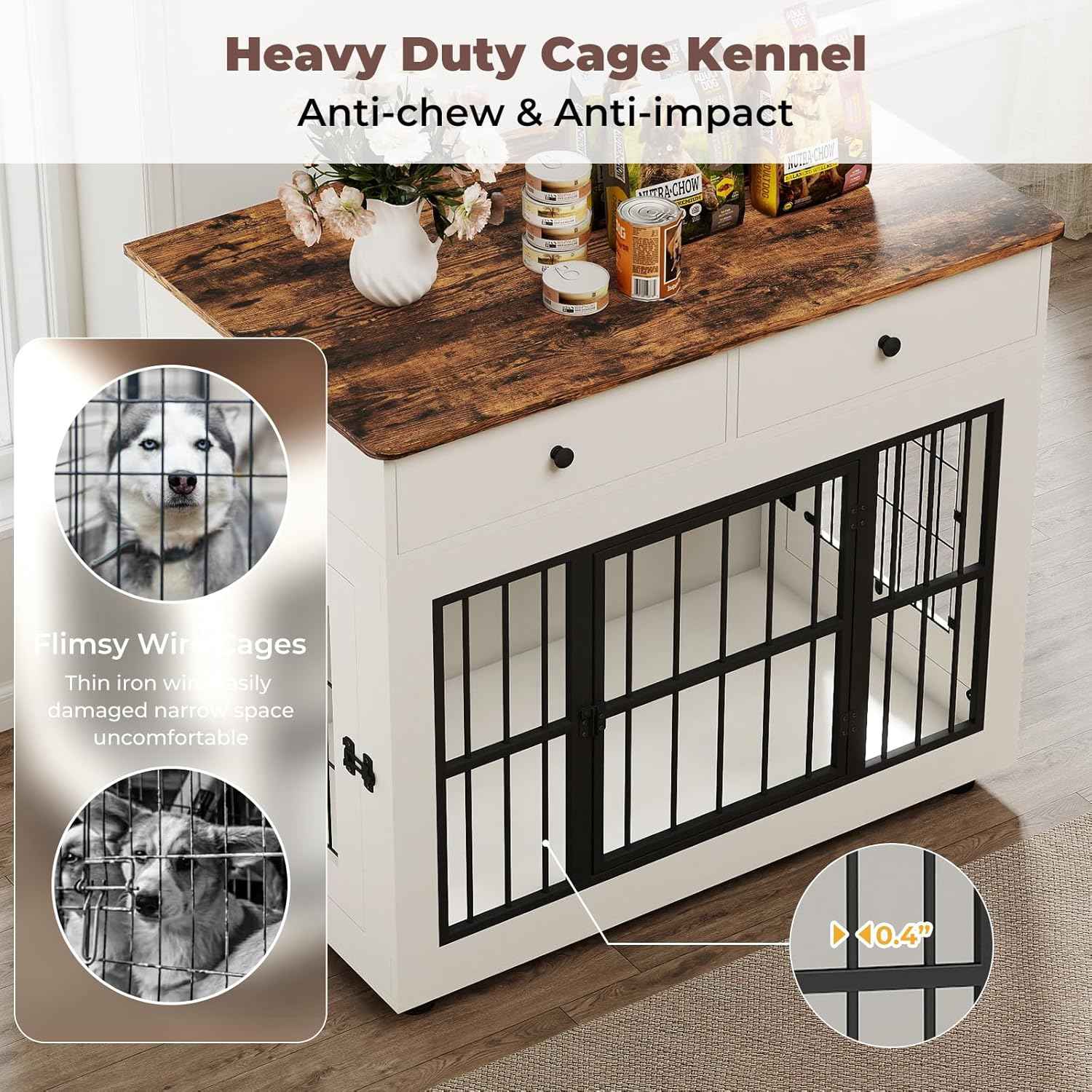 Farmhouse Dog Crate Furniture- 40 inch Dog Kennel with Drawers-Heavy Duty End Table Wooden Pet Crate, Decorative Dog House Indoor for Small Medium Large Dog, White