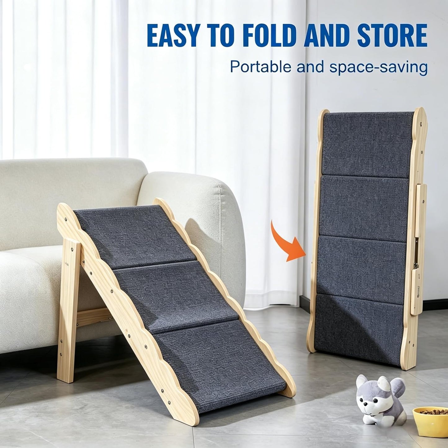 Wooden Dog Stairs, 2-in-1 Floded Flat Design Dog Steps for Beds Cars Couch, Anti-Slip Pet Ramp with 3 Steps, Indoor Pet Stairs for Small Medium Large Pet, up to 150 lbs