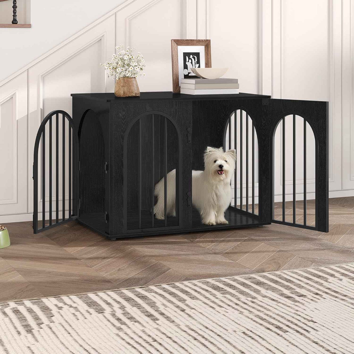 Hzuaneri 31.5'' Wooden Dog Crate Furniture, Indoor Dog Kennel Dogs Cage for Small/Medium Dogs, Heavy Duty Dog Crates Decorative Pet House End Side Table TV Stand, Black DFC85104B