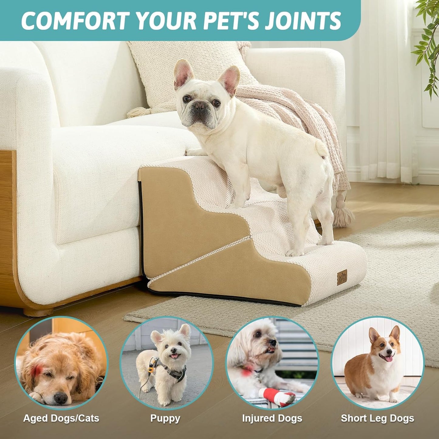 COZY KISS Dog Stairs for Small Dogs, 3-Step 2 in 1 Transformable Pet Stairs for Couch and Bed, 15.7" H Dog Steps for Old Cats, Puppy, Small Dogs (Beige, 15.7x22.4x15.7 in, 3.0)