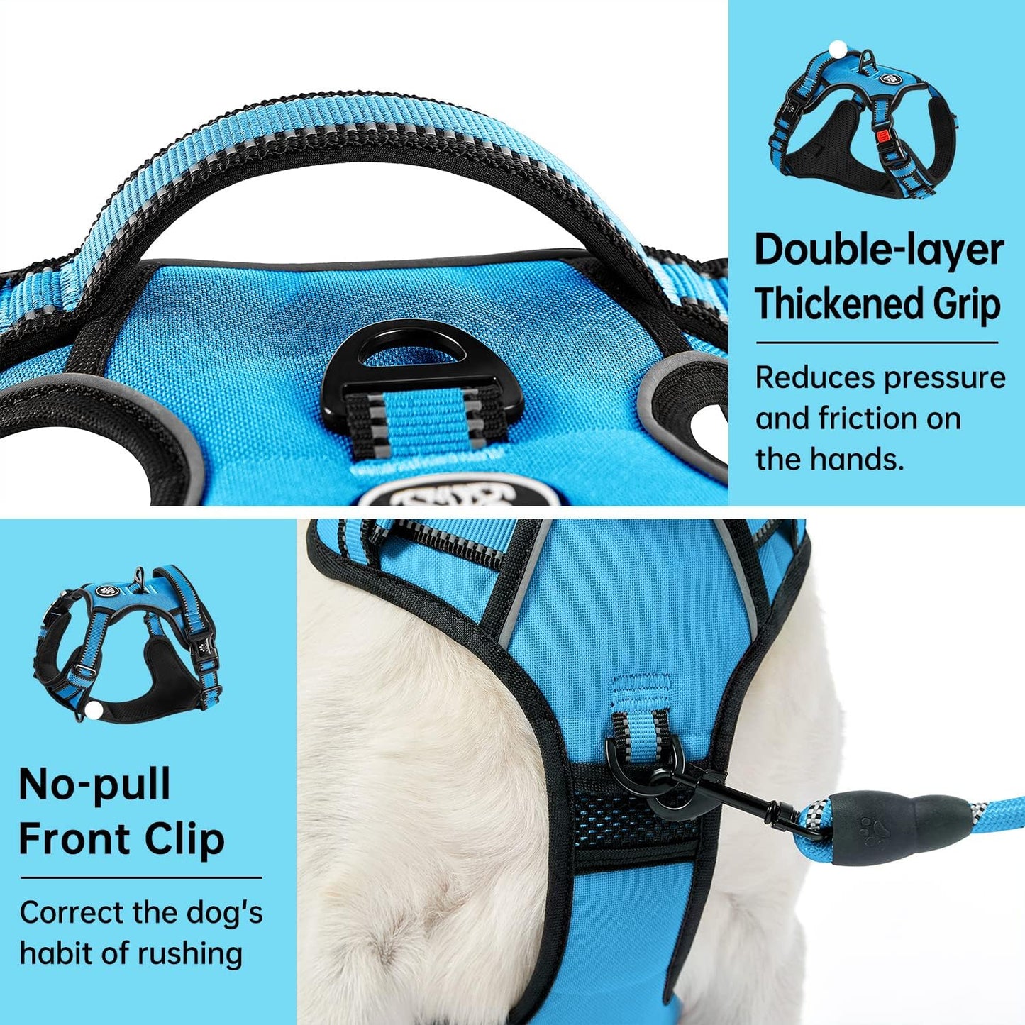IVY&LANE No Pull Dog Harness for Large Dogs, Dog Vest Harness with Leash, Safety Belt and Storage Strap, Fully Adjustable Harness, 360° Reflective Strip, Soft Handle (Blue, L)