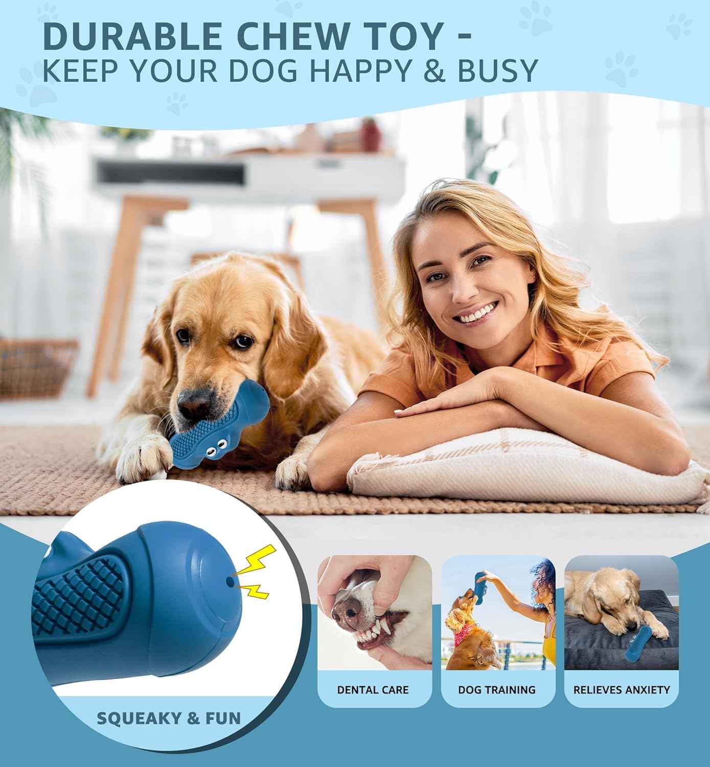 Durable Dog Chew Toy for Aggressive Chewers, Tough Natural Rubber Squeaky Dog Toy with Irresistible Beef Flavor, Dental Care, Teeth Cleaning & Boredom Relief for Medium & Large Dogs (Blue)