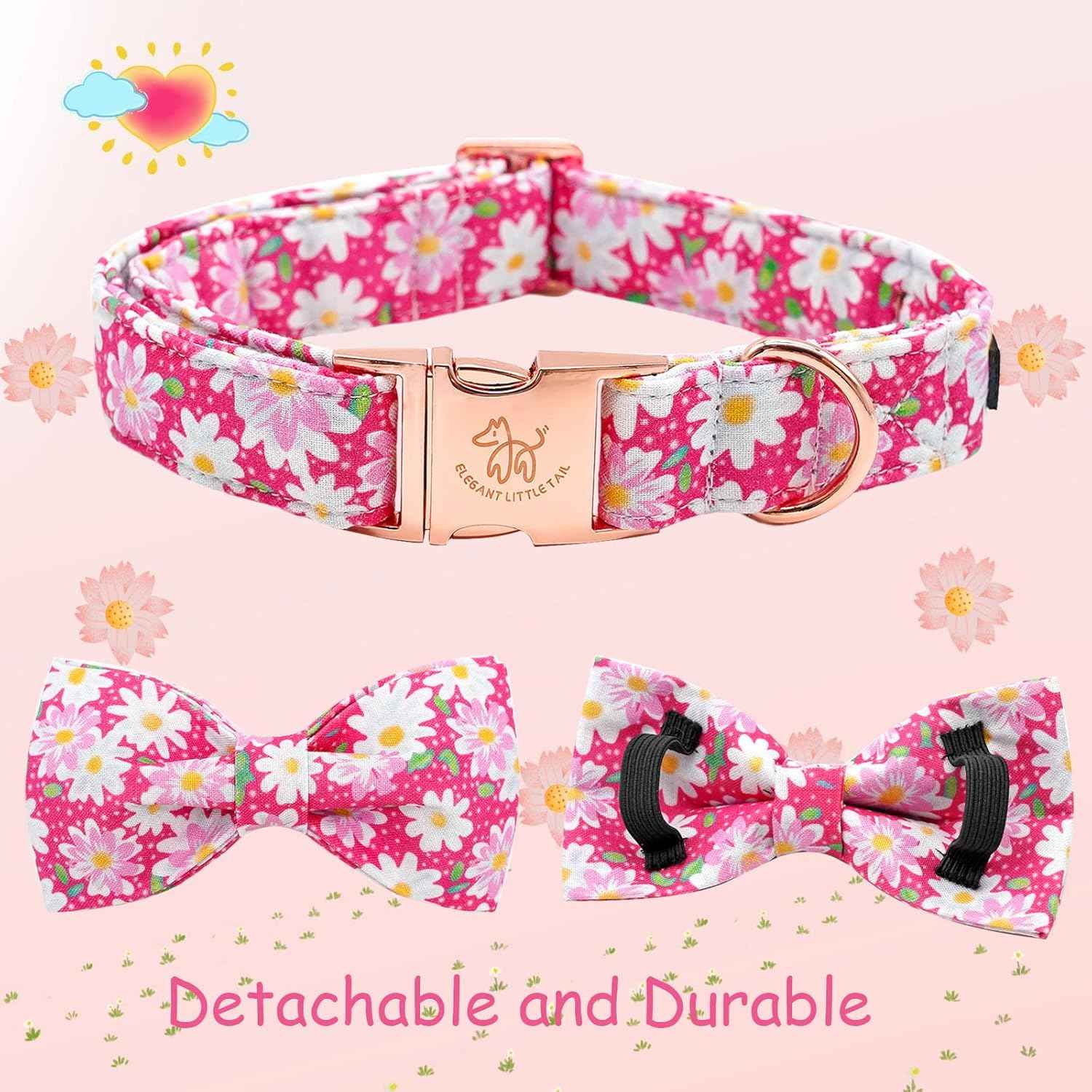 Elegant little tail Dog Collar, Floral Pattern Pet Collars with Bow Girl Cotton Bowtie Collars Spring Puppy Gift Adjustable Pet Collar for Small Dogs