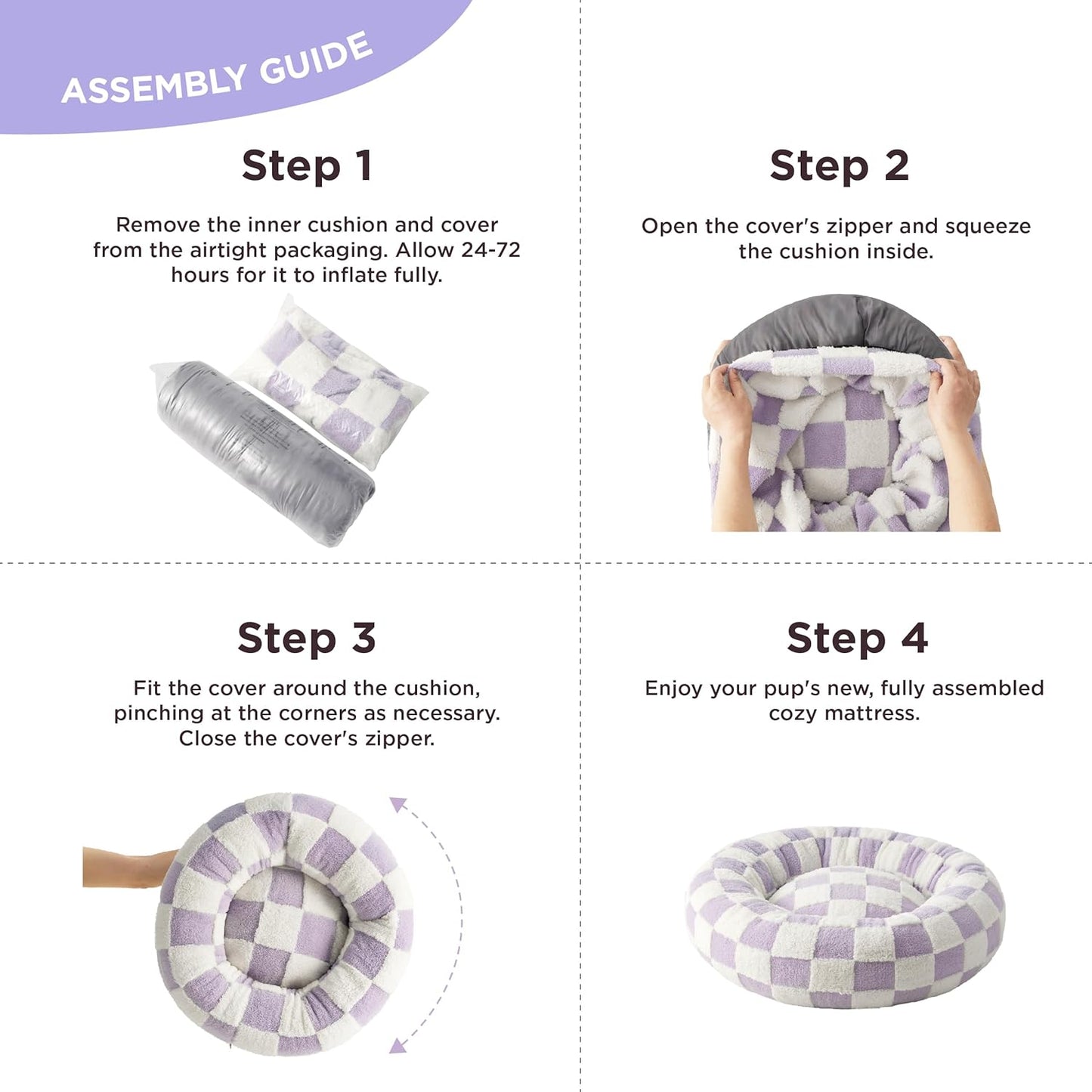 LE SURE Donut Small Dog Bed - Round Cat Beds for Indoor Cats Calming Pet Beds, Cute Modern Beds with Jacquard Shaggy Plush & Anti Slip Bottom, 23 Inch, Purple