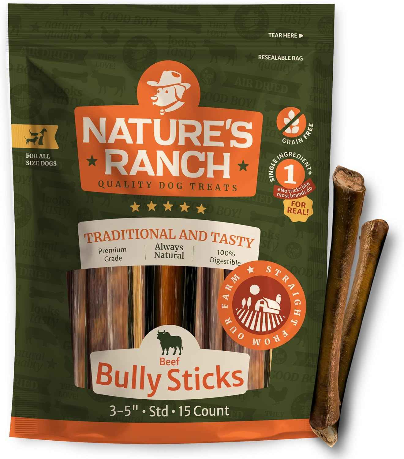 Nature's Ranch Bully Sticks for Dogs 3–5 Inch (15 Pack), Low Odor Long Lasting Dog Chews, Rawhide Free Natural Chew Sticks, Single Ingredient Beef Pizzle for Small & Medium Dogs