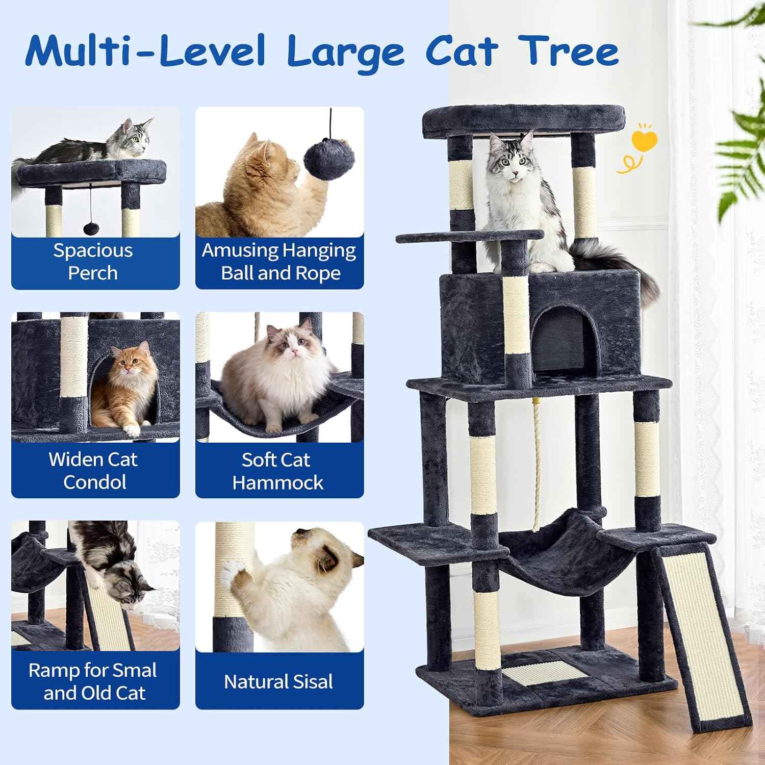 Cat Craft Cat Tree 63 Inch Cat Tower for Indoor Cats, Multi-Level Cat Tree for Large Cats 20 lbs+ Heavy Duty Cat Tower with Sisal Scratching Posts, Hammock, Condo and Extended Platform, Dark Grey