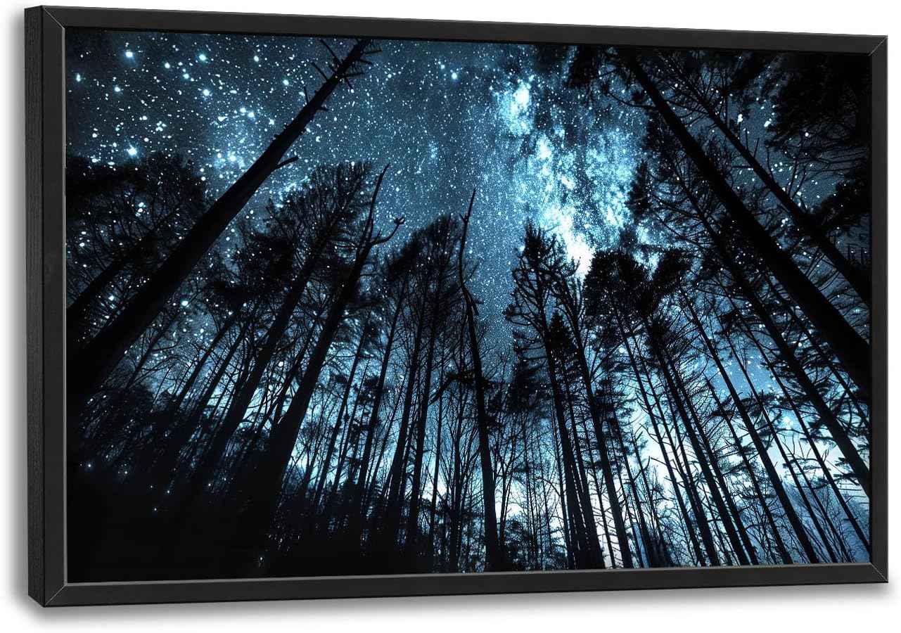 Forest Wall Art Tree Night Pictures Wall Decor Star Canvas Scenery Painting Modern Artwork Home Decoration for Living Room Bathroom Bedroom Office Framed 36"x24"