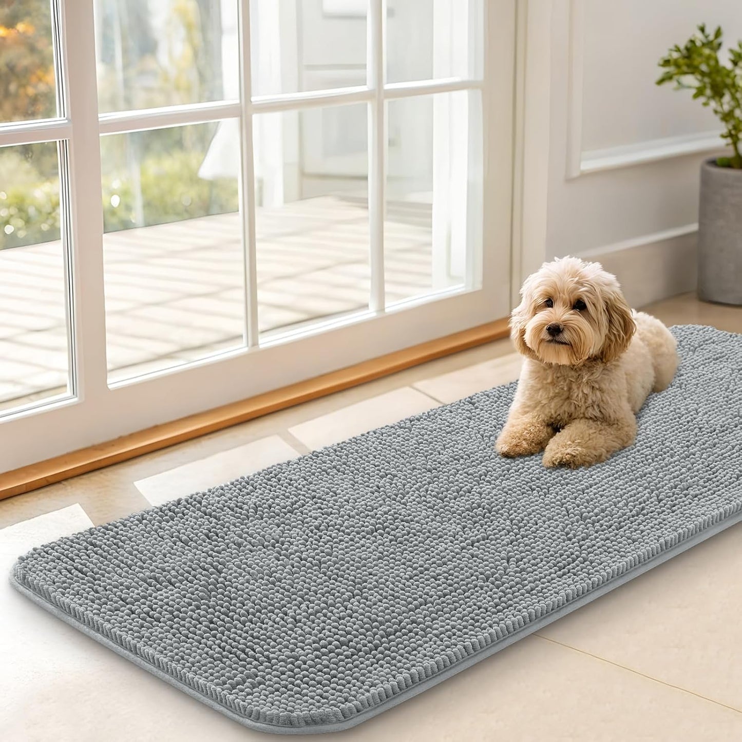 OLANLY Dog Door Mat for Muddy Paws 47x17, Absorbs Moisture and Dirt, Absorbent Non-Slip Washable Doormat, Quick Dry Chenille Mud Mat for Dogs, Entry Indoor Entryway Carpet for Inside Floor, Grey