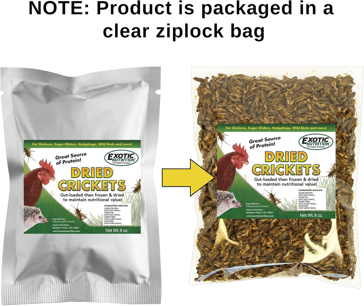 2 Pound Dried Crickets - High Protein Insect Treat - Chickens, Wild Birds, Hedgehogs, Bluebirds, Reptiles, Sugar Gliders, Opossums, Skunks, Lizards, Bearded Dragons, Fish, Turtles 8 oz. (4 Pack)