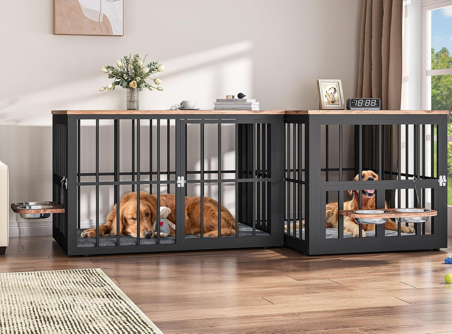 88.6" Large Dog Crate Furniture, Wooden Dog Kennel with Bowls & 3 Doors, Double Crate Furniture TV Stand for Medium Large Dogs, Brown