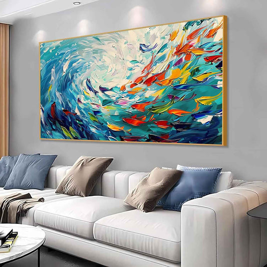 School of Fish Wall Art, Abstract School of Fish Canvas Wall Art, Abstract Wall Art, Colorful Shoal of Fishes Panting Print, Framed Artwork Wall Art, Abstract Wall Decor, Home Decor (Gold Framed, 59"x33"|150x84cm)