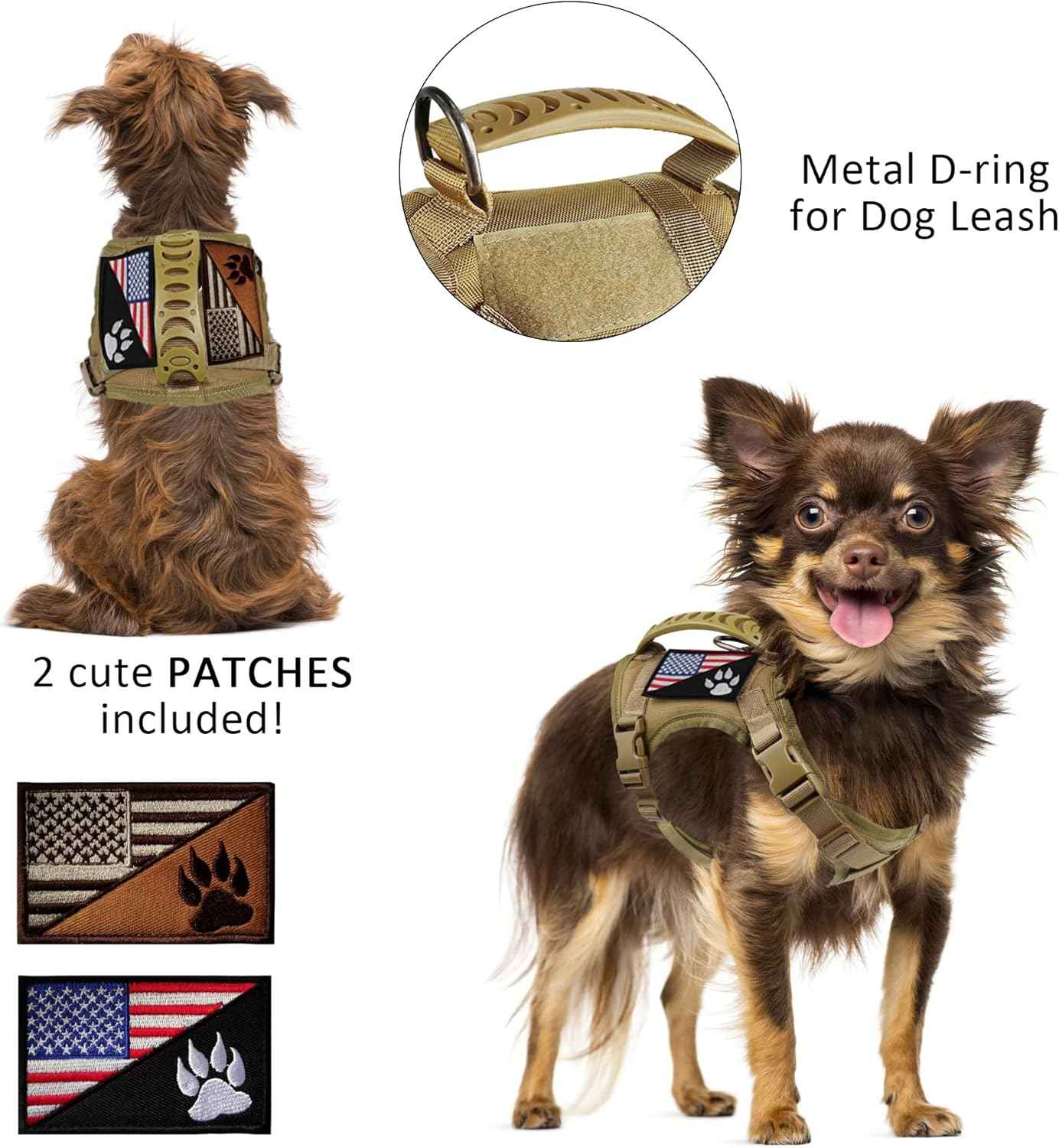 Tactical Dog Harness Tactical with Rubber Handle K9 Military Adjustable Puppy Pet Vest Harness for Outdoor Training XS (Brown Harness)