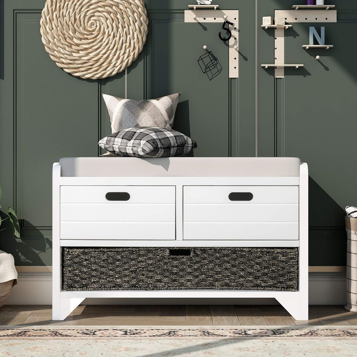 Storage Bench Removable Basket 2 Drawers Fully Assembled Acacia Wood Shoe Bench Standing Shoe Rack Removable Cushion for Living Room, Entrance Hallway, No Assembly Required White