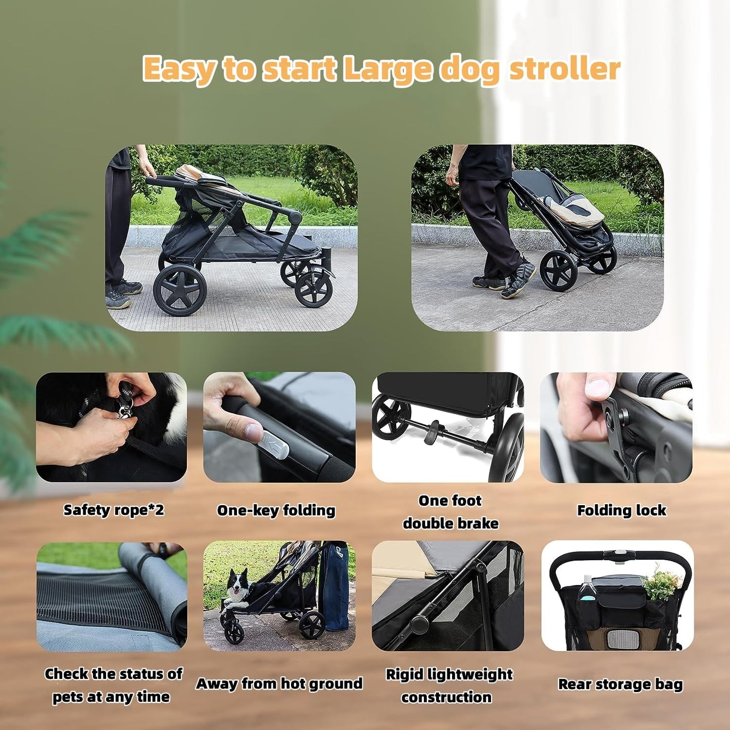 One-Click Folding Dog Stroller for 2 Dogs - 4 Wheel Jogger with Storage Pocket - Suitable for Pets Up to 110LBS (Beige & Grey)