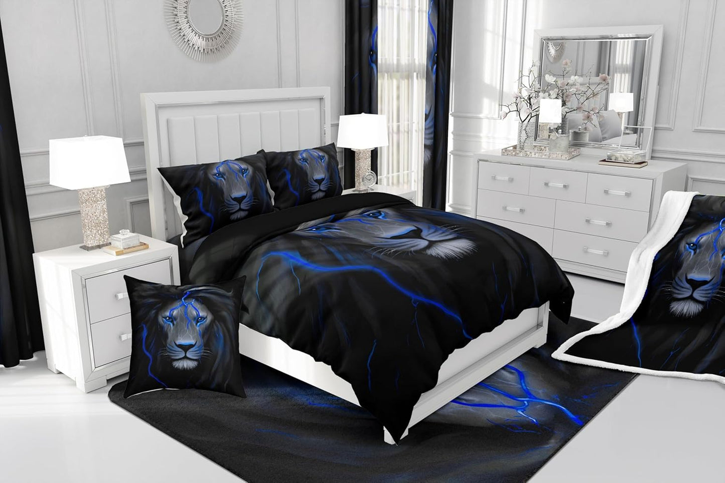 Erosebridal Boys Lion Bedding Set Full Black Blue Lightning Lion Comforter Set for Kids Teen Men Room Decor,Retro Safari Wildlfie Down Comforter African Wild Animal Quilt Duvet 3 Pcs