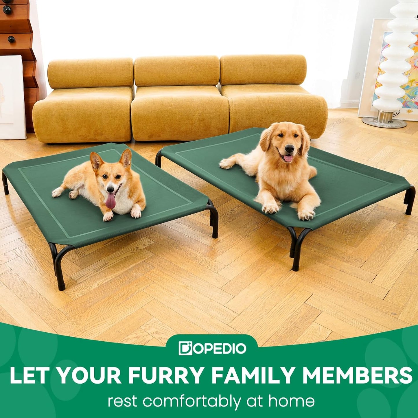 Elevated Dog Bed Raised Outdoor Dog Cot for Extra Large Dogs, Installation Requires No Tools, Frame with Washable Cooling Breathable Mesh Anti-Slip Feet, Indoor Pet Bed, Green, 48.8 Inches