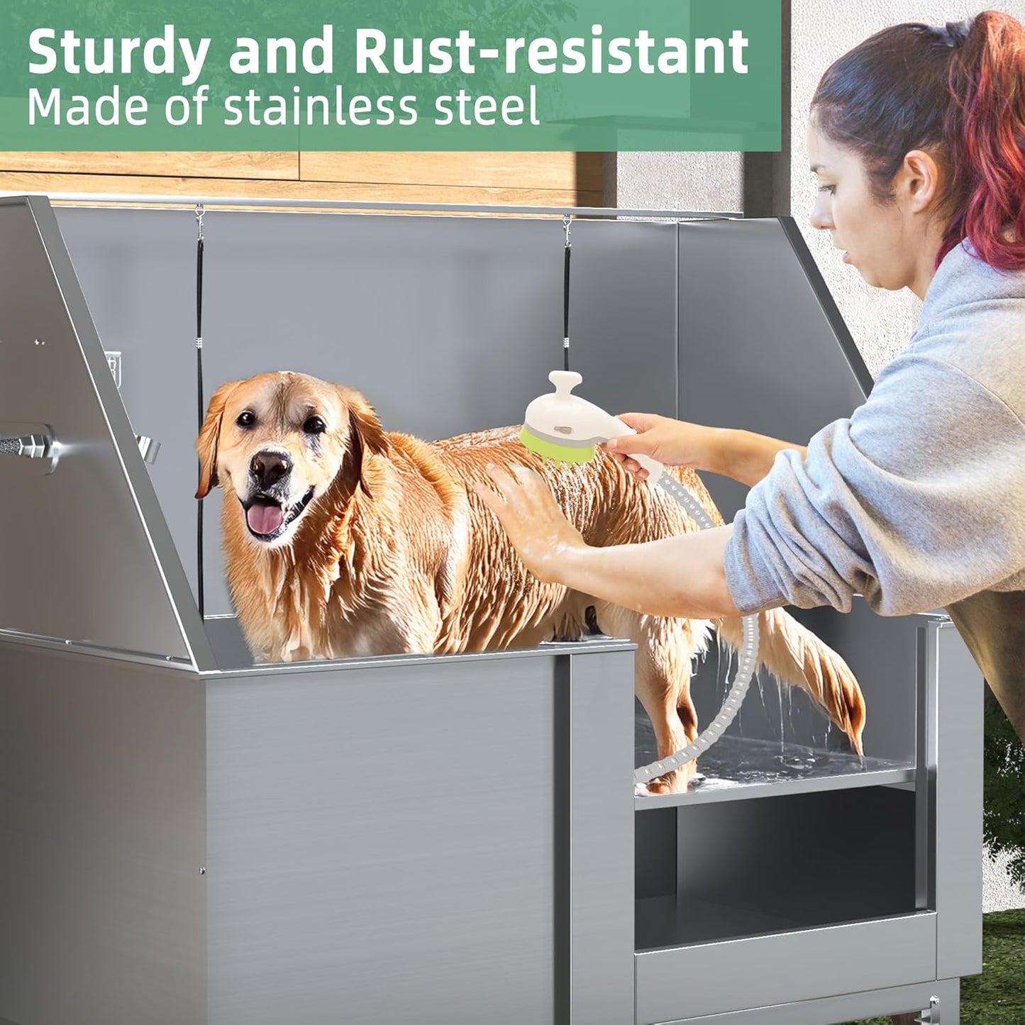 Professional Stainless Steel Dog Washing Station for Large, Medium, and Small Dogs, Height Adjustable Dog Bathtub with Ramp, Pet Grooming Bath Tub for Indoor Outdoor, Right Door