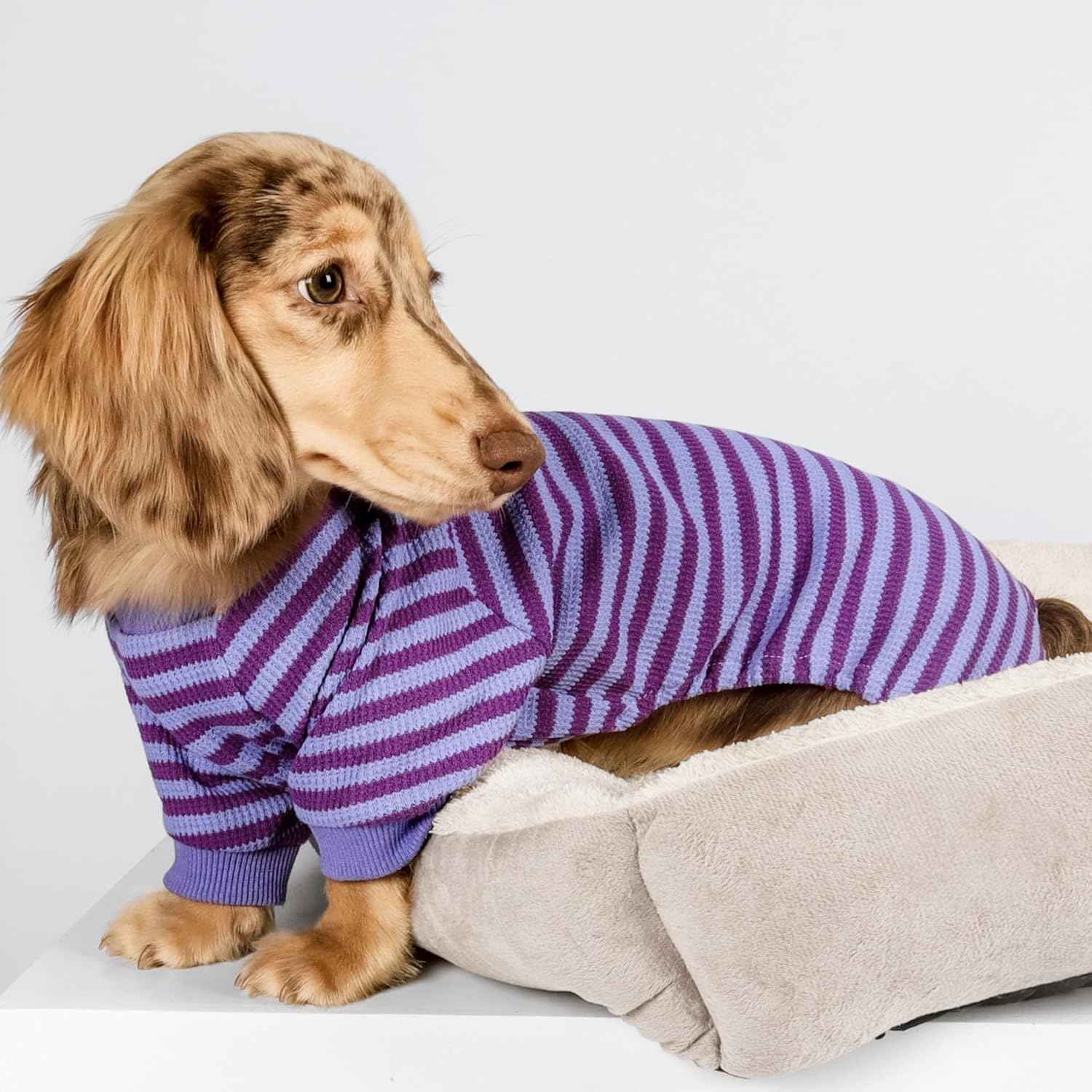 Fitwarm Purple and Violet Striped Dog Pajamas, Waffle Dog Clothes for Small Dogs Girl Boy, Puppy Onesie with Feet, Pet Cat Outfit, XL