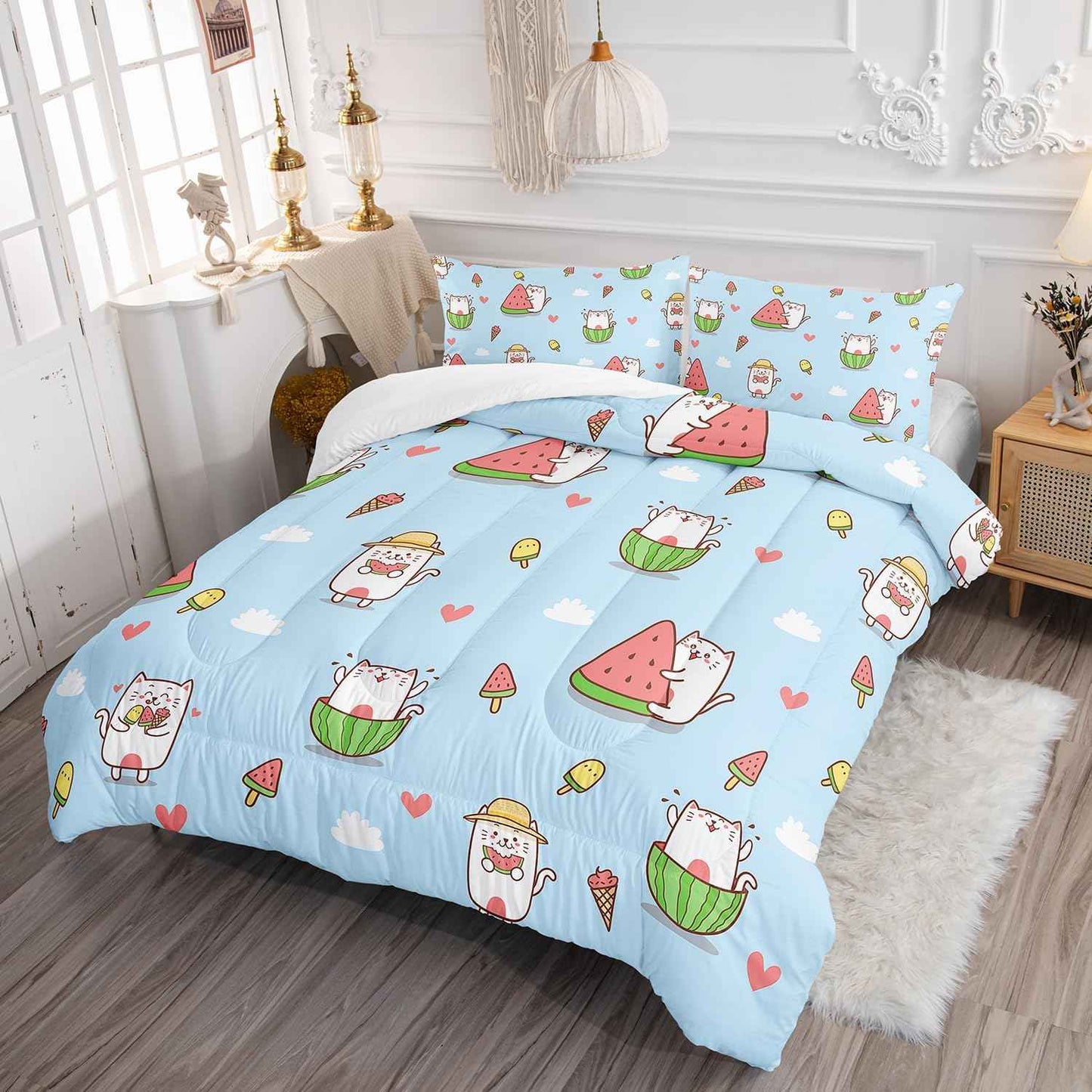 Kid Cartoon Cat Comforter 3Pcs Full Cute Kitten Ice-Cream Heart Bedding Kawaii Pet Cat Bedding Set for Teen Boy Girl Adult Cloud Watermelon Quilt Bed Decor with 1 Comforter and 2 Pillowcases