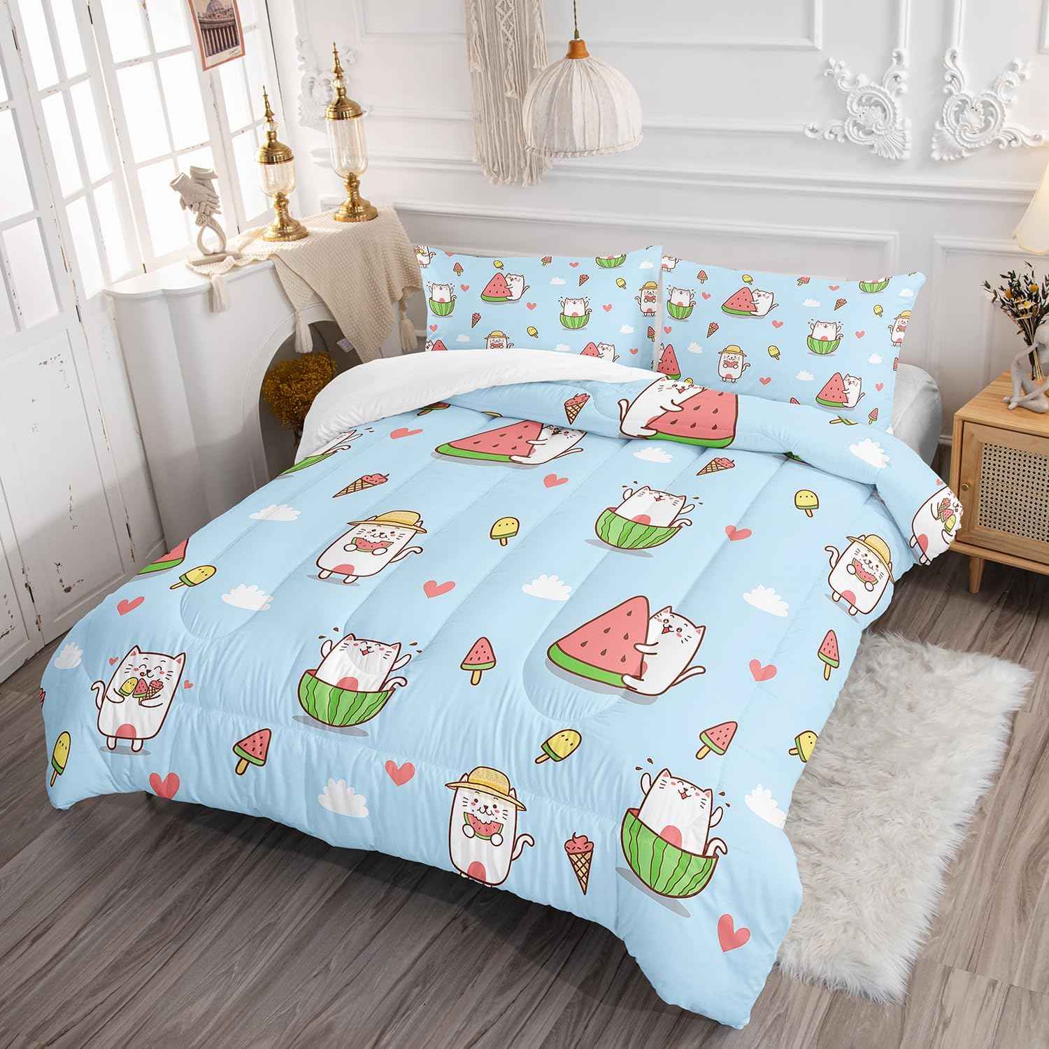Kid Cartoon Cat Comforter 3Pcs Full Cute Kitten Ice-Cream Heart Bedding Kawaii Pet Cat Bedding Set for Teen Boy Girl Adult Cloud Watermelon Quilt Bed Decor with 1 Comforter and 2 Pillowcases