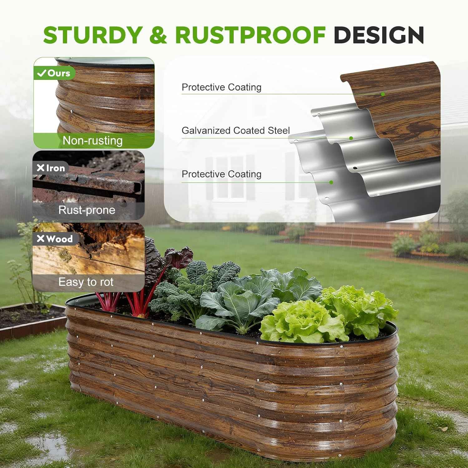 Galvanized Raised Garden Bed Outdoor- 6x2x1.4ft Oval Steel Raised Beds for Gardening, Metal Planter Box with Protective Strip and Gloves for Vegetables, Flowers, Fruits (Brown)