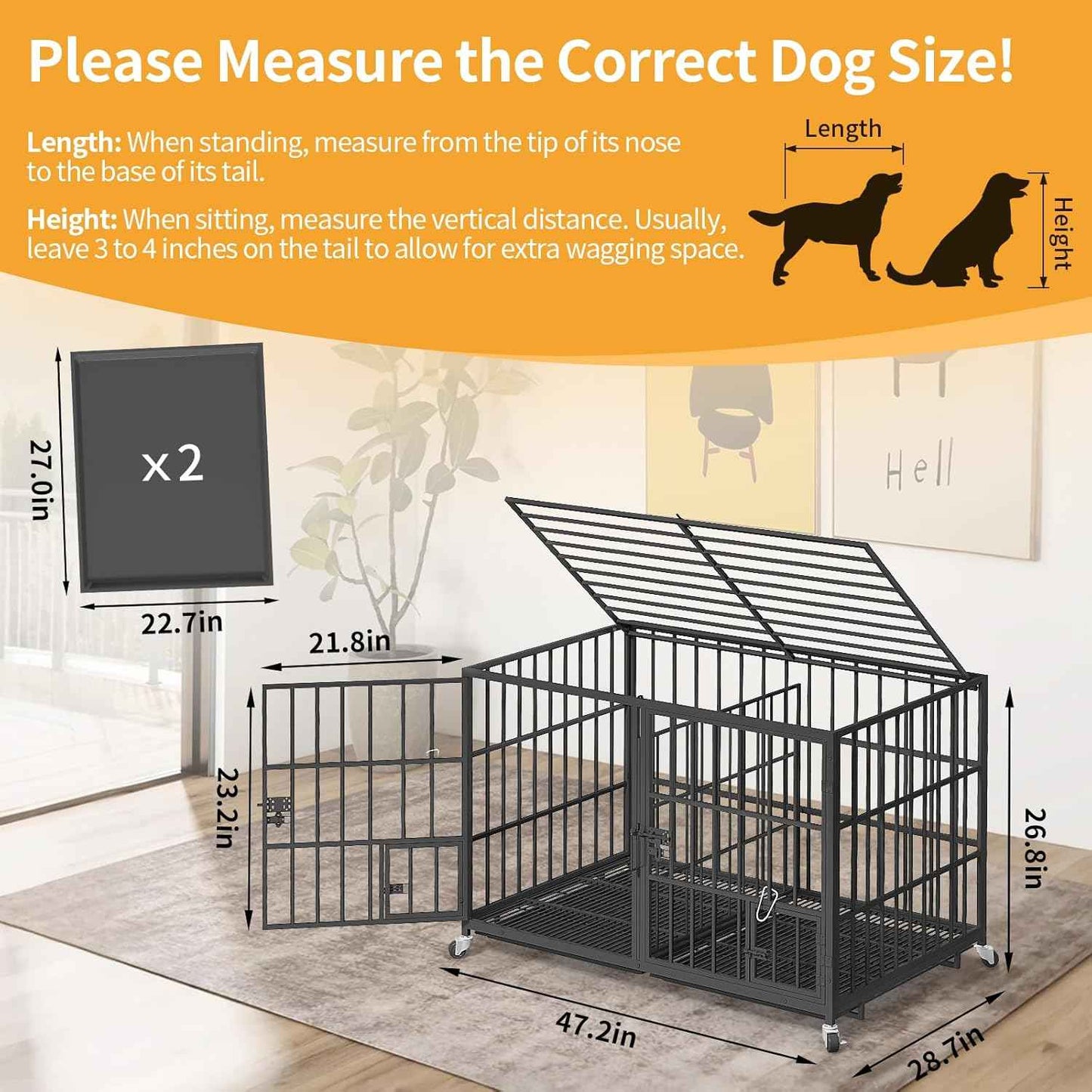 EZ4ENCE 48/42/54 inch Dog Crate Cage Kennel with Divider for 2 Dogs, Indestructible Dog Crate, Sturdy Design,Double Door and Removable Tray Medium/Large Dog Cage