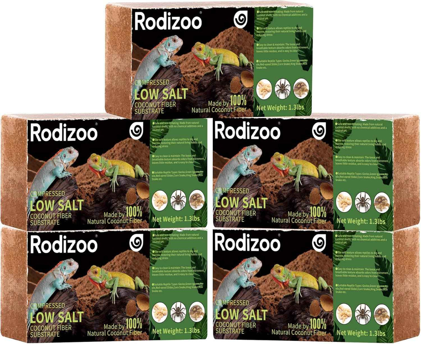 5 Pcs Organic Coconut Fiber Substrate, Biodegradable 100% Natural Coco Soil Brick, Multipurpose Eco-Friendly Terrarium Bedding for Reptiles, Tortoise, Bearded Dragon, Gecko, Snake & Amphibians