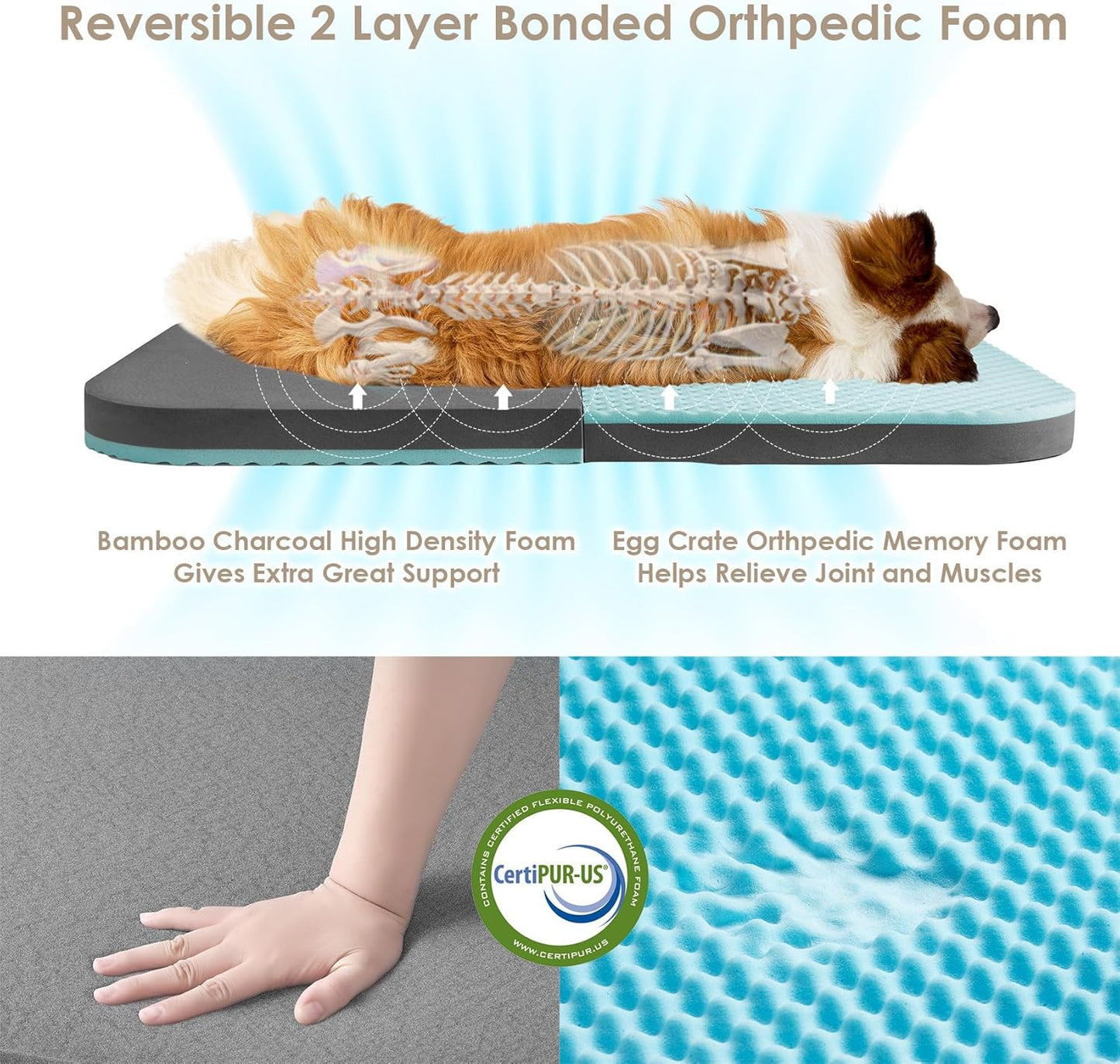 EHEYCIGA Foldable XL Dog Bed, Faux Fur Fluffy Pet Couch Bed for Large Dogs, Orthopedic Calming Memory Foam Big Pet Bed, Washable Soft Pet Sofa Bed with Non-Slip Bottom, Grey, 46"x34"x6.5"