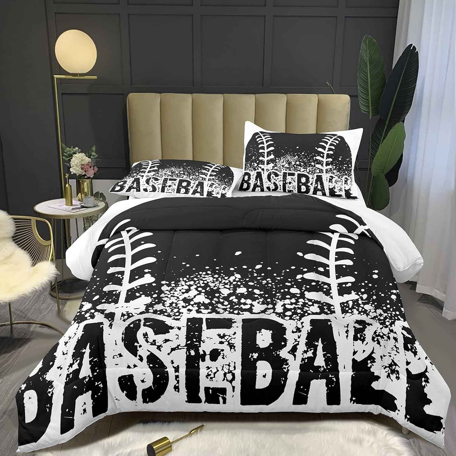 Bodhi Black and White Comforter Set,Sports Bedding Set for Kids,Boys Baseball Bedding Full Size,Kids Comforter Set with Pillowcases,Teen Boys Bedding Set Full Size