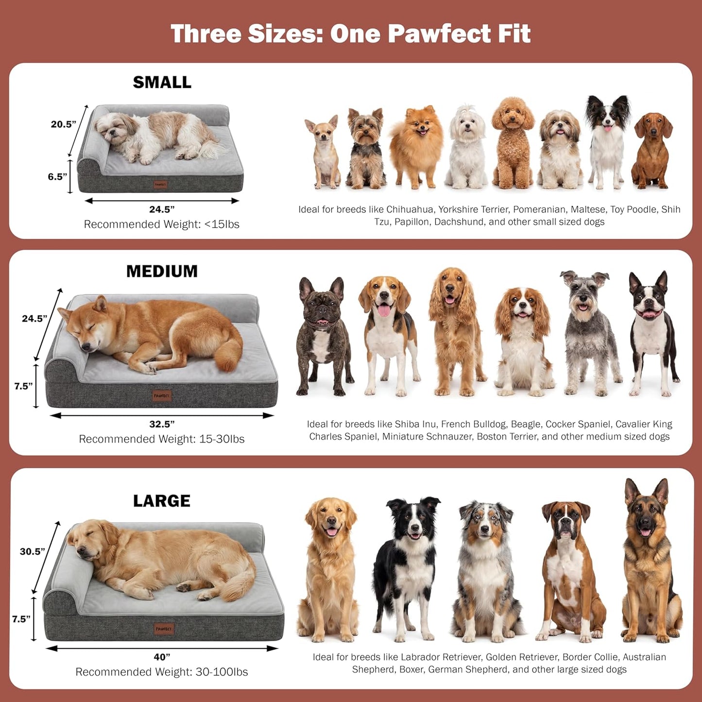 Pawfect Orthopedic Dog Bed for Small, Medium & Large Dogs, Memory Foam Pet Bed with 3 Waterproof Covers, Washable Removable Velvet Cover, Supportive Bolsters, Non-Slip Base (Small: 24.5"x20.5"x6.5")