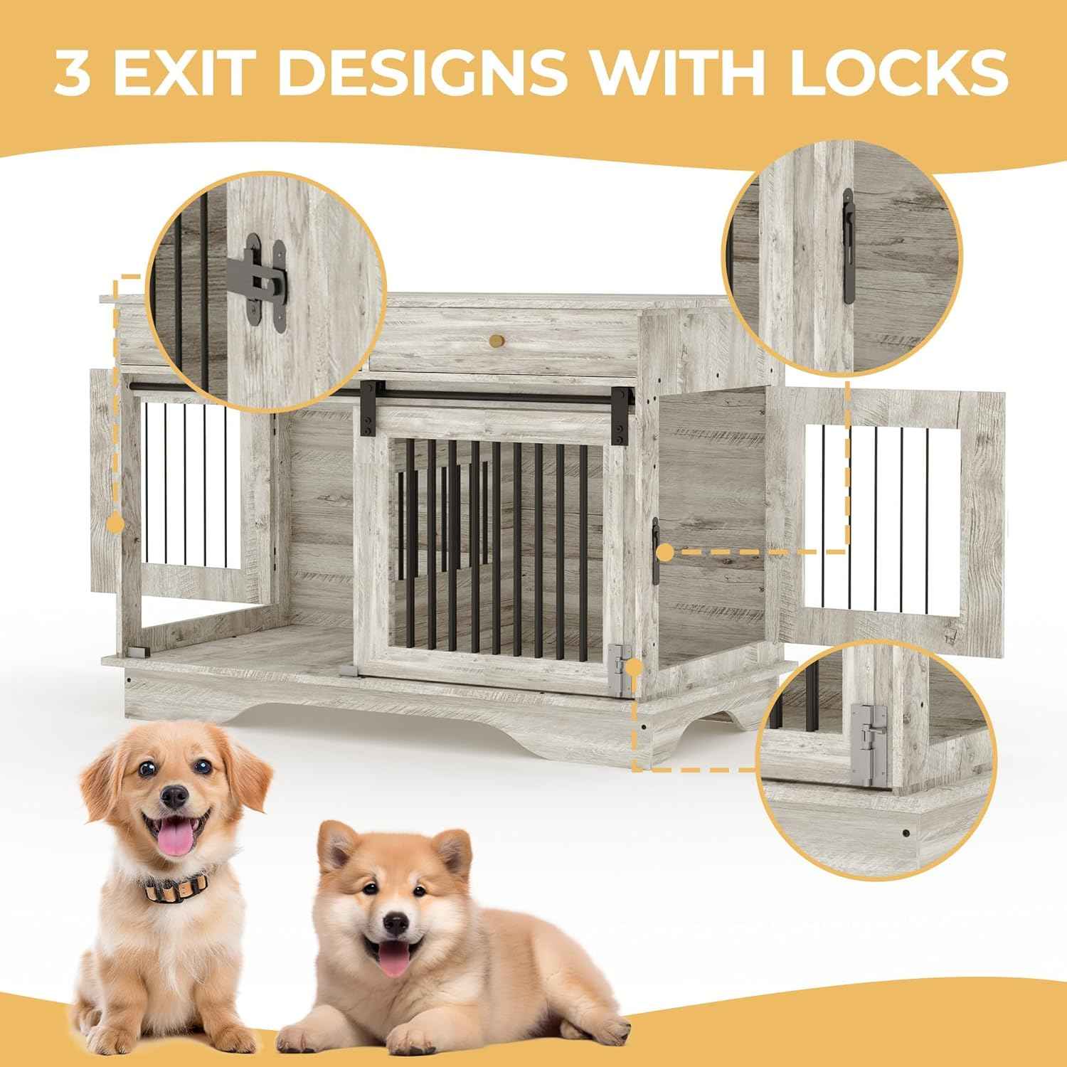 Dog Crate Furniture for 2 Dogs, 47" Double Dog Kennel with Removable Divider and 2 Drawers, Decorative TV Stand Side Table, Indoor Pet Cage for Large/Medium/Small Dogs New Grey