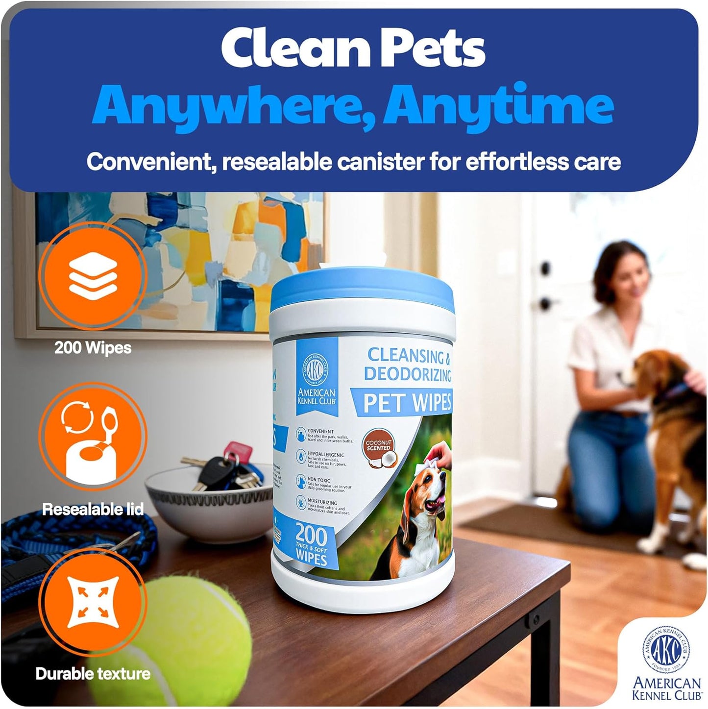 AKC - Pet Wipes for Dogs & Cats | Hypoallergenic Grooming Wipes | Chemical-Free Cleaning for Paws, Face, Ears & Coat | Gentle Moist Wipes for Daily Pet Hygiene & Quick Freshening | 200 Count