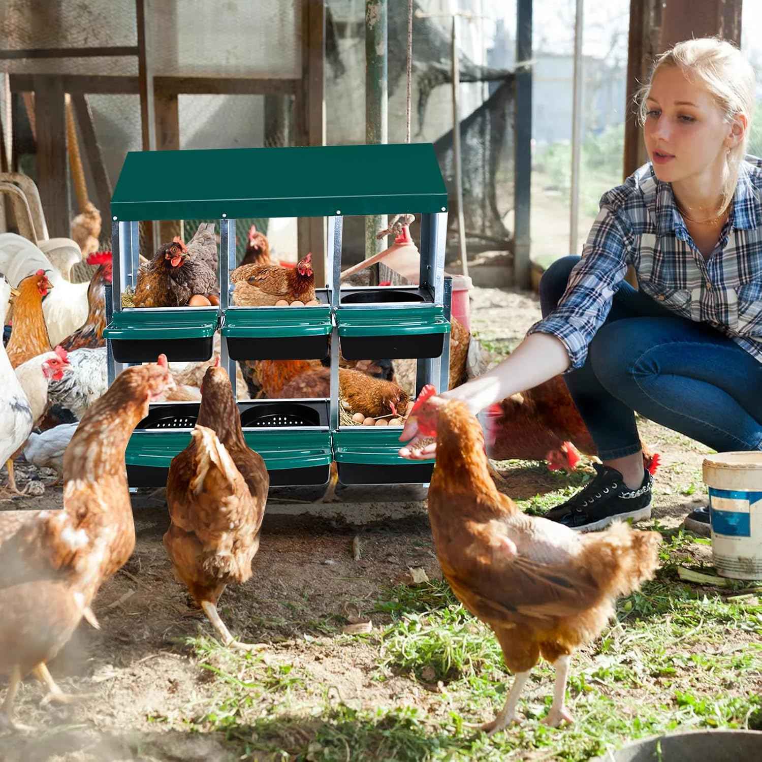 Garvee Chicken Nesting Boxes, 6 Hole Metal Chicken Laying Box with Removable Trays and Roll Out Egg Collection for Chicken Coop, Green, with Metal Legs