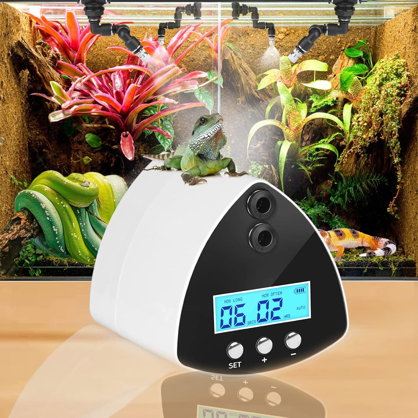 Reptile Misting System | Automatic Humidifier with 2 Nozzles, LCD Screen & Timer for Terrariums